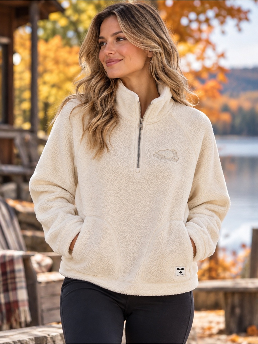 Roots XS Women's Cream Sherpa Half-Zip Pullover